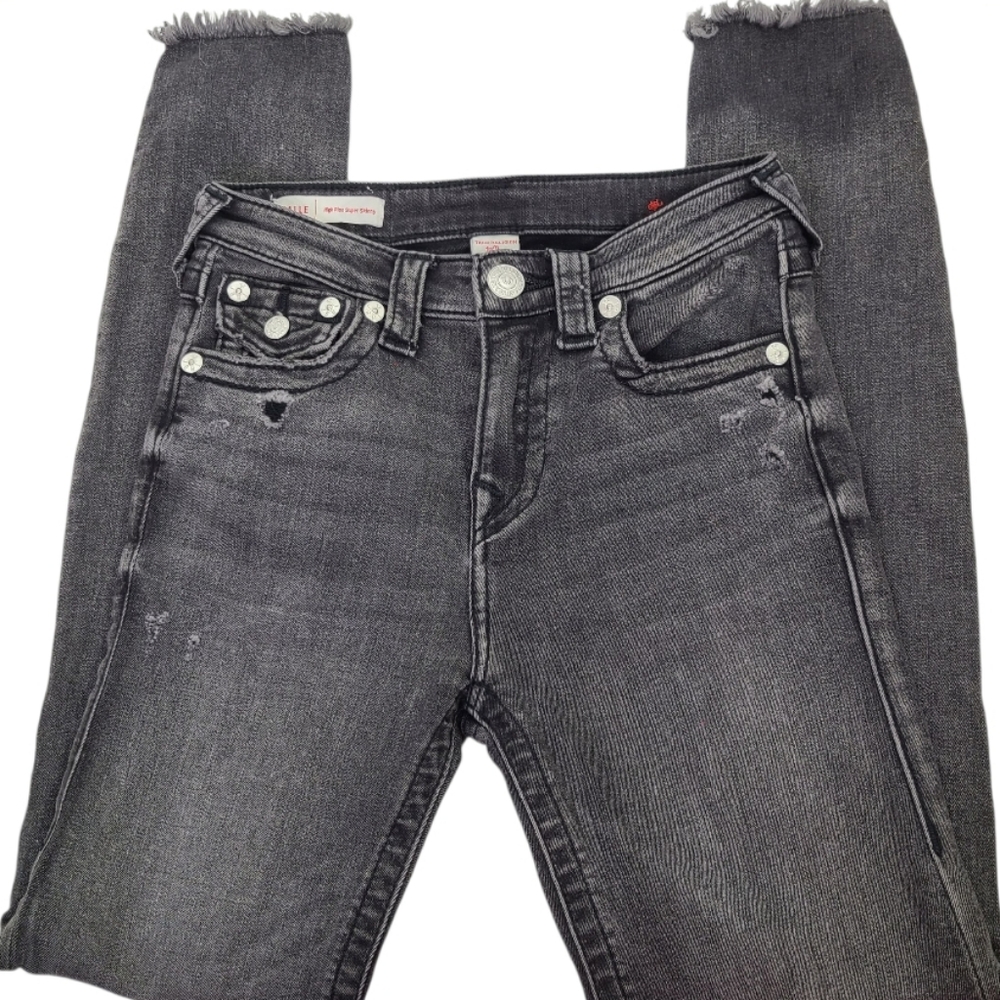 TRUE RELIGION Halle Super Skinny High Rise Jeans Black Sz 25 Raw Hem Distressed
